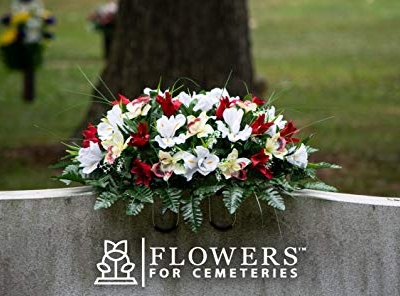 Product: Sympathy Silks Artificial Cemetery Flowers – Realistic Vibrant Tulips, Outdoor Grave Decorations - 30" Red Tulip White Iris Saddle for Headstone