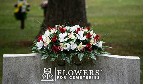 Product: Sympathy Silks Artificial Cemetery Flowers – Realistic Vibrant Tulips, Outdoor Grave Decorations - 30" Red Tulip White Iris Saddle for Headstone