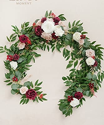 Silky Flower Store Eucalyptus Rose Artificial Flower Garland Sweetheart Table Decor, 6FT 13.75in Wide x 3.5in Tall 11 11 Product: Ling's Moment Flower Garland - 6FT Eucalyptus & Rose - Sweetheart Table Decor for Wedding Reception, Artificial Floral Garland for Mantle, Thanksgiving, Christmas Decoration, Marsala