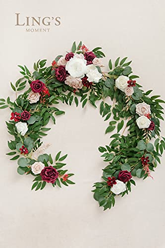 Silky Flower Store Eucalyptus Rose Artificial Flower Garland Sweetheart Table Decor, 6FT 13.75in Wide x 3.5in Tall 5 5 Product: Ling's Moment Flower Garland - 6FT Eucalyptus & Rose - Sweetheart Table Decor for Wedding Reception, Artificial Floral Garland for Mantle, Thanksgiving, Christmas Decoration, Marsala