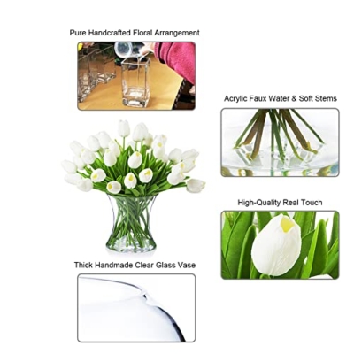 Product: ENOVA FLORAL 40 Heads White Artificial Tulips With Vase, Real Touch Fake Flowers, Floral Arrangement for Dining Table, Home Decoration, Wedding Centerpieces