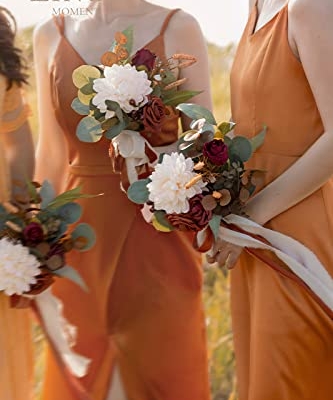 Silky Flower Store Terracotta Bridesmaid Bouquet Set of 6, Artificial Silk Foam Wedding Flowers, Cream Goldenrod Roses, 7 inch 10 10 Product: Ling's Moment Artificial Flowers Terracotta Bridesmaid Bouquet Set of 6, Fall Wedding Flowers Bouquets for Bridesmaids, 7 Inch Bridal Bouquets for Bridesmaids, Wedding Decor, Anniversary, etc
