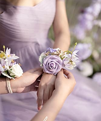 Silky Flower Store Lilac Gold Wedding Boutonnieres Wrist Corsages Set, Pre Arranged Artificial Floral Accessories, 12 Piece 4.75in 13 13 Product: Ling's Moment Pre-Arranged Wedding Flower Packages in Lilac & Gold, Boutonnieres & Wrist Corsages Package(Set of 12)