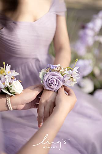 Silky Flower Store Lilac Gold Wedding Boutonnieres Wrist Corsages Set, Pre Arranged Artificial Floral Accessories, 12 Piece 4.75in 5 5 Product: Ling's Moment Pre-Arranged Wedding Flower Packages in Lilac & Gold, Boutonnieres & Wrist Corsages Package(Set of 12)