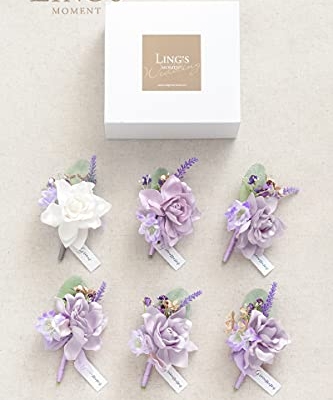 Silky Flower Store Lilac Gold Wedding Boutonnieres Wrist Corsages Set, Pre Arranged Artificial Floral Accessories, 12 Piece 4.75in 12 12 Product: Ling's Moment Pre-Arranged Wedding Flower Packages in Lilac & Gold, Boutonnieres & Wrist Corsages Package(Set of 12)