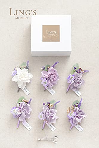 Silky Flower Store Lilac Gold Wedding Boutonnieres Wrist Corsages Set, Pre Arranged Artificial Floral Accessories, 12 Piece 4.75in 4 4 Product: Ling's Moment Pre-Arranged Wedding Flower Packages in Lilac & Gold, Boutonnieres & Wrist Corsages Package(Set of 12)
