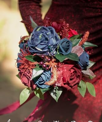 Silky Flower Store Artificial Bridesmaid Bouquet Burgundy and Navy, Ling's Moment Wedding Silk Foam Flowers, 7 Inch 7 7 Product: Ling's Moment Artificial Flowers Burgundy and Navy Bridesmaid Bouquet, Wedding Flowers Bouquets for Bridesmaids, 7 Inch Bridal Bouquets for Bridesmaids, Wedding Decor, Anniversary, etc