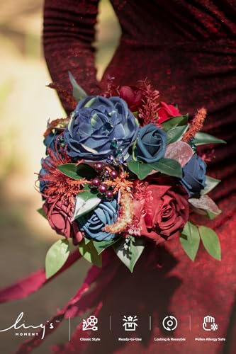 Silky Flower Store Artificial Bridesmaid Bouquet Burgundy and Navy, Ling's Moment Wedding Silk Foam Flowers, 7 Inch 1 1 Product: Ling's Moment Artificial Flowers Burgundy and Navy Bridesmaid Bouquet, Wedding Flowers Bouquets for Bridesmaids, 7 Inch Bridal Bouquets for Bridesmaids, Wedding Decor, Anniversary, etc