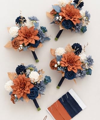 Silky Flower Store Artificial Bridesmaid Bouquet Orange Navy Blue Cream, Wedding Decor Silk Foam Set of 4, 7 Inch 13 13 Product: Ling's Moment Artificial Flowers Orange & Navy Bridesmaid Bouquet Set of 4, Orange Wedding Flowers Bouquets for Bridesmaids, 7 Inch Bridal Bouquets for Bridesmaids, Wedding Decor, etc