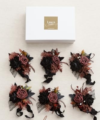 Product: Ling's Moment 6pcs Wedding Wrist Corsage Artificial Flowers, Girl/Mother Homecoming Prom Corsages Wristlet Décor, etc. Black Gothic Burgundy