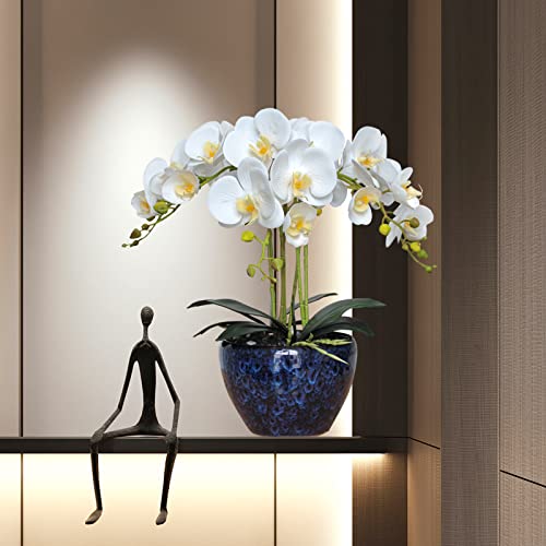 Product: Faux Orchids Artificial Flowers with Porcelain Vase Large Fake Silk Orchids in Vase Indoor Dining Table Office Desk Decor