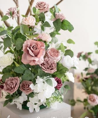 Product: Ling's Moment 41" Tall Free Standing Artificial Flowers Arrangements 2 pcs Wedding Arch Altar Stage Decorations Dusty Rose & Cream for Ceremony Reception Church Backdrop Outdoor Aisle Floral Party
