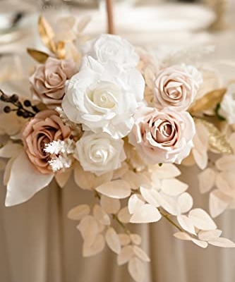 Silky Flower Store Artificial Floral Swags, White Beige Wedding Centerpieces, Foam Silk Peony Rose Garland Set, 27.5in x 14in 8 8 Product: Ling's Moment 2PCS White & Beige Artificial Floral Swags Centerpieces, Wedding Garland Flower Greenery Arrangements for Sweetheart/Head Table Decor Car Wall Window Arch Home Garden Decor
