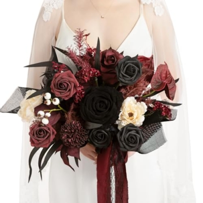 Product: Ling's Moment Black and Burgundy Wedding Bouquets for Bride, Gothic Bridal Bouquets for Bride, 13 Inch Free Form Artificial Wedding Flower Bouquet