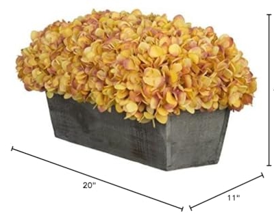 Product: House of Silk Flowers Artificial Hydrangeas in Grey-Washed Wood Ledge (Gold/Burgundy)
