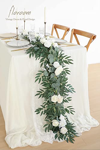 Silky Flower Store Artificial Eucalyptus Garland with Flowers, Ivory White Table Decor, 6ft, 13.75 x 3.5in 1 1 Product: Floroom 6ft Artificial Eucalyptus Garland with Flowers Fake Greenery Faux Floral Vine Garland for Table Decor Wedding Centerpieces Bridal Shower Party Decorations, Ivory White