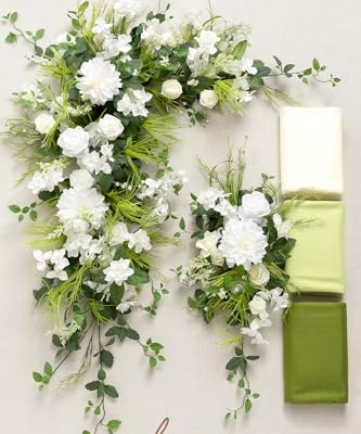 Silky Flower Store Wedding Arch Flowers with Sheer Drapes Kit, Artificial White Green Floral Arrangements, 5 Piece Set, 32.5cm 13 13 Product: Ling's Moment Deluxe Wedding Arch Flowers with Sheer Drapes Kit - Artificial White and Green Floral Arrangements for Ceremony Backdrop, Arbor Decor, 5-Piece Set (2 Flower Stems + 3 Hanging Drapes)