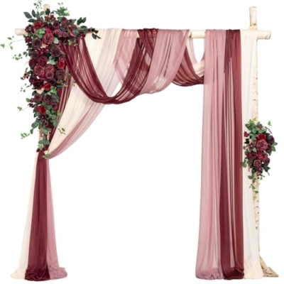 Product: Ling's Moment Wedding Arch Flowers with Sheer Drapes Kit - Artificial Bordeaux Red & Wine Floral Arrangements for Ceremony Backdrop, Arbor Decor, 5-Piece Set (2 Flower Stems + 3 Hanging Drapes)