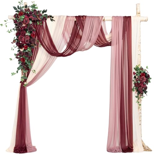 Ling's Moment Wedding Arch Flowers with Sheer Drapes Kit - Artificial Bordeaux Red & Wine Floral Arrangements for Ceremony Backdrop, Arbor Decor, 5-Piece Set (2 Flower Stems + 3 Hanging Drapes) - Artificial Flower Arrangements Product: Ling's Moment Wedding Arch Flowers with Sheer Drapes Kit - Artificial Bordeaux Red & Wine Floral Arrangements for Ceremony Backdrop, Arbor Decor, 5-Piece Set (2 Flower Stems + 3 Hanging Drapes)