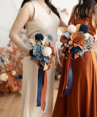 Silky Flower Store Artificial Bridesmaid Bouquet Orange Navy Blue Cream, Wedding Decor Silk Foam Set of 4, 7 Inch 11 11 Product: Ling's Moment Artificial Flowers Orange & Navy Bridesmaid Bouquet Set of 4, Orange Wedding Flowers Bouquets for Bridesmaids, 7 Inch Bridal Bouquets for Bridesmaids, Wedding Decor, etc