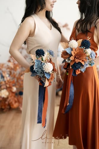 Silky Flower Store Artificial Bridesmaid Bouquet Orange Navy Blue Cream, Wedding Decor Silk Foam Set of 4, 7 Inch 4 4 Product: Ling's Moment Artificial Flowers Orange & Navy Bridesmaid Bouquet Set of 4, Orange Wedding Flowers Bouquets for Bridesmaids, 7 Inch Bridal Bouquets for Bridesmaids, Wedding Decor, etc
