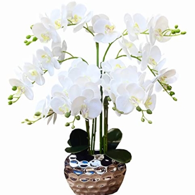 Product: GXLMII Orchid Artificial Flowers for Home Decor, Faux Orchids with Silver Vase Phalaenopsis Fake Flowers Real Touch Flowers Plants White Orquideas Arrangements in Pot Table Centerpiece Decoration