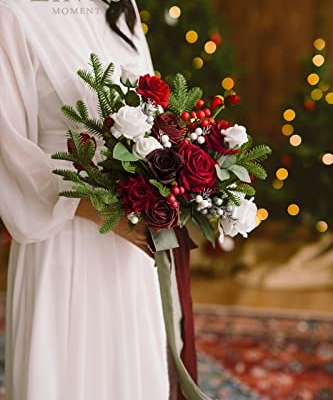 Silky Flower Store Christmas Red Wedding Bouquet, Bridal Bouquet Artificial Silk Foam Flowers, Winter Wedding Bouquet, 13 Inch 8 8 Product: Ling's Moment Christmas Red Wedding Bouquets for Bride, Xmas Winter Bridal Bouquets for Bride,13 Inch Free Form Artificial Wedding Flower Bouquet