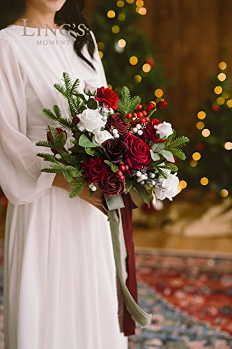 Silky Flower Store Christmas Red Wedding Bouquet, Bridal Bouquet Artificial Silk Foam Flowers, Winter Wedding Bouquet, 13 Inch 2 2 Product: Ling's Moment Christmas Red Wedding Bouquets for Bride, Xmas Winter Bridal Bouquets for Bride,13 Inch Free Form Artificial Wedding Flower Bouquet