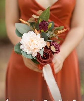Silky Flower Store Terracotta Bridesmaid Bouquet Set of 6, Artificial Silk Foam Wedding Flowers, Cream Goldenrod Roses, 7 inch 9 9 Product: Ling's Moment Artificial Flowers Terracotta Bridesmaid Bouquet Set of 6, Fall Wedding Flowers Bouquets for Bridesmaids, 7 Inch Bridal Bouquets for Bridesmaids, Wedding Decor, Anniversary, etc