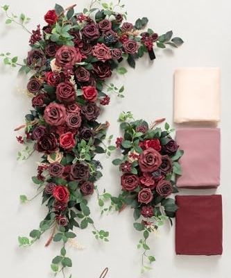 Silky Flower Store Wedding Arch Flowers with Sheer Drapes, Bordeaux Red Wine Artificial Floral Kit, 5 Piece Set 20.5cm 13 13 Product: Ling's Moment Wedding Arch Flowers with Sheer Drapes Kit - Artificial Bordeaux Red & Wine Floral Arrangements for Ceremony Backdrop, Arbor Decor, 5-Piece Set (2 Flower Stems + 3 Hanging Drapes)