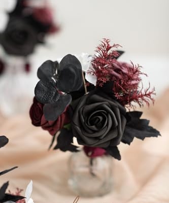 Product: Ling's Moment Burgundy Black Wedding Flowers Mini Bridesmaid Bouquets Set of 6 Pre-Made Small Floral Maroon Gothic Wedding Rose Goth Centerpieces Halloween