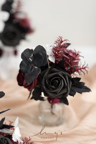 Product: Ling's Moment Burgundy Black Wedding Flowers Mini Bridesmaid Bouquets Set of 6 Pre-Made Small Floral Maroon Gothic Wedding Rose Goth Centerpieces Halloween