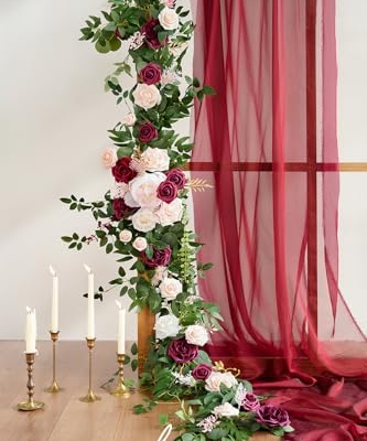 Silky Flower Store Spring Flower Garland, Wedding Arch Flowers, Eucalyptus Rose Artificial Floral Garland, Mantle Table Decor, Marsala, 9FT 9 9 Product: Ling's Moment 9FT Spring Flower Garland - Wedding Arch Flowers, Eucalyptus & Rose, Artificial Floral Garland for Mantle - Sweetheart Table Decor for Reception, Backdrop Decorations, Marsala