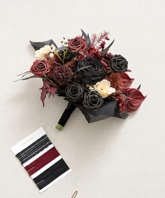 Silky Flower Store Black Burgundy Gothic Wedding Bouquet, Artificial Bridal Flowers, Free Form Wedding Bouquet, 13 Inch 13 13 Product: Ling's Moment Black and Burgundy Wedding Bouquets for Bride, Gothic Bridal Bouquets for Bride, 13 Inch Free Form Artificial Wedding Flower Bouquet