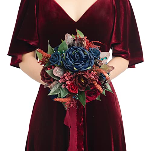Ling's Moment Artificial Flowers Burgundy and Navy Bridesmaid Bouquet, Wedding Flowers Bouquets for Bridesmaids, 7 Inch Bridal Bouquets for Bridesmaids, Wedding Decor, Anniversary, etc - Artificial Flower Arrangements Product: Ling's Moment Artificial Flowers Burgundy and Navy Bridesmaid Bouquet, Wedding Flowers Bouquets for Bridesmaids, 7 Inch Bridal Bouquets for Bridesmaids, Wedding Decor, Anniversary, etc