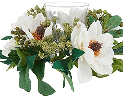 Product: Nearly Natural Magnolia Candelabrum Silk Flower Arrangement Artificial Plant, 14 In. W x 14 In. D x 6.5 In. H, Green