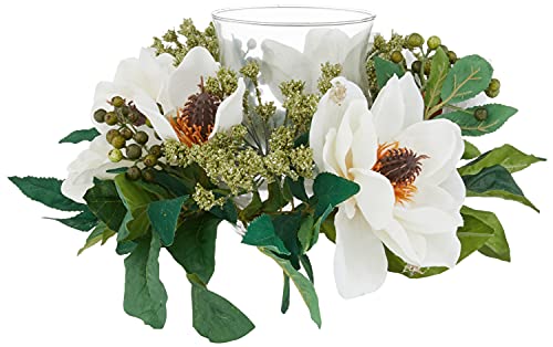 Nearly Natural Magnolia Candelabrum Silk Flower Arrangement Artificial Plant, 14 In. W x 14 In. D x 6.5 In. H, Green - Artificial Flower Arrangements Product: Nearly Natural Magnolia Candelabrum Silk Flower Arrangement Artificial Plant, 14 In. W x 14 In. D x 6.5 In. H, Green