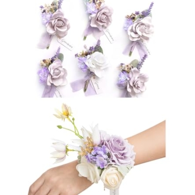 Product: Ling's Moment Pre-Arranged Wedding Flower Packages in Lilac & Gold, Boutonnieres & Wrist Corsages Package(Set of 12)