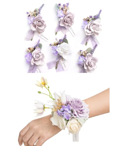 Ling's Moment Pre-Arranged Wedding Flower Packages in Lilac & Gold, Boutonnieres & Wrist Corsages Package(Set of 12) - Artificial Flower Arrangements Product: Ling's Moment Pre-Arranged Wedding Flower Packages in Lilac & Gold, Boutonnieres & Wrist Corsages Package(Set of 12)