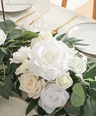 Silky Flower Store Artificial Eucalyptus Garland with Flowers, Ivory White Table Decor, 6ft, 13.75 x 3.5in 9 9 Product: Floroom 6ft Artificial Eucalyptus Garland with Flowers Fake Greenery Faux Floral Vine Garland for Table Decor Wedding Centerpieces Bridal Shower Party Decorations, Ivory White