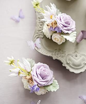 Silky Flower Store Lilac Gold Wedding Boutonnieres Wrist Corsages Set, Pre Arranged Artificial Floral Accessories, 12 Piece 4.75in 14 14 Product: Ling's Moment Pre-Arranged Wedding Flower Packages in Lilac & Gold, Boutonnieres & Wrist Corsages Package(Set of 12)
