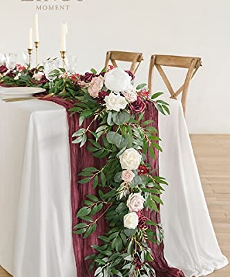 Silky Flower Store Eucalyptus Rose Artificial Flower Garland Sweetheart Table Decor, 6FT 13.75in Wide x 3.5in Tall 9 9 Product: Ling's Moment Flower Garland - 6FT Eucalyptus & Rose - Sweetheart Table Decor for Wedding Reception, Artificial Floral Garland for Mantle, Thanksgiving, Christmas Decoration, Marsala