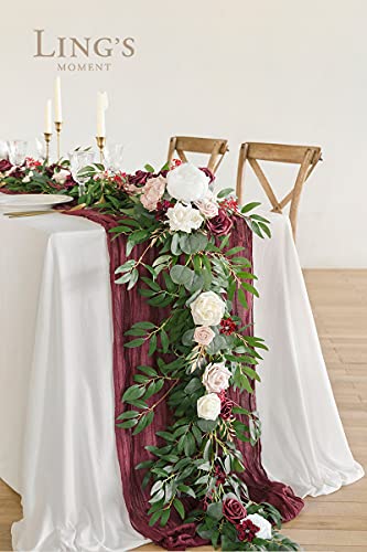 Silky Flower Store Eucalyptus Rose Artificial Flower Garland Sweetheart Table Decor, 6FT 13.75in Wide x 3.5in Tall 3 3 Product: Ling's Moment Flower Garland - 6FT Eucalyptus & Rose - Sweetheart Table Decor for Wedding Reception, Artificial Floral Garland for Mantle, Thanksgiving, Christmas Decoration, Marsala