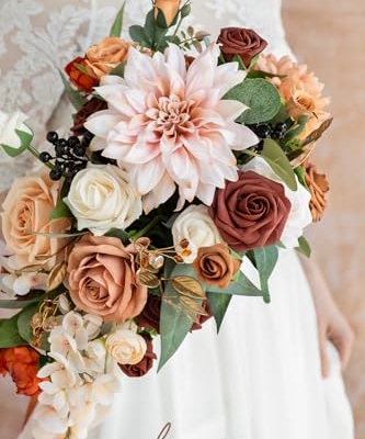 Silky Flower Store Terracotta Bridal Bouquet, Cascading Orange Wedding Bouquet, Ling’s Moment Bridesmaid Bouquet, 13 Inch 12 12 Product: Ling's Moment Terracotta Bridal Bouquet Cascading, Orange Wedding Bouquets for Bride, 13 Inch Bride Bouquets for Wedding Artificial Flowers Bouquets