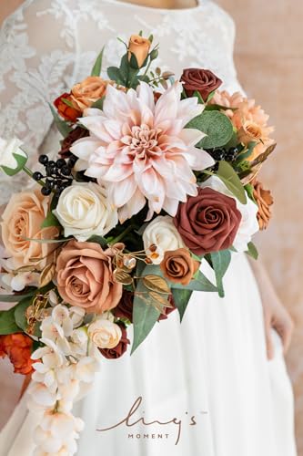 Silky Flower Store Terracotta Bridal Bouquet, Cascading Orange Wedding Bouquet, Ling’s Moment Bridesmaid Bouquet, 13 Inch 4 4 Product: Ling's Moment Terracotta Bridal Bouquet Cascading, Orange Wedding Bouquets for Bride, 13 Inch Bride Bouquets for Wedding Artificial Flowers Bouquets