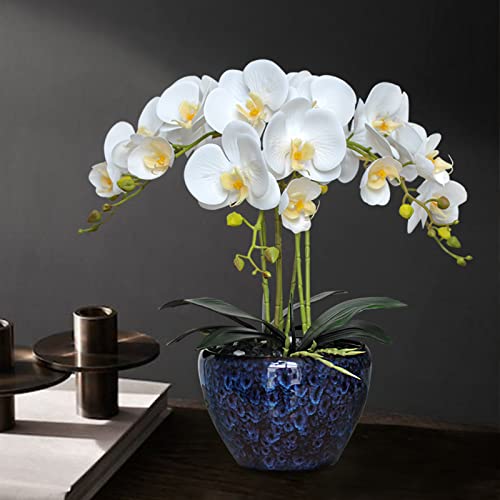 Product: Faux Orchids Artificial Flowers with Porcelain Vase Large Fake Silk Orchids in Vase Indoor Dining Table Office Desk Decor