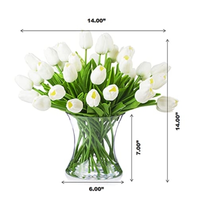 Product: ENOVA FLORAL 40 Heads White Artificial Tulips With Vase, Real Touch Fake Flowers, Floral Arrangement for Dining Table, Home Decoration, Wedding Centerpieces