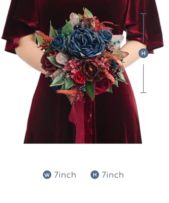 Silky Flower Store Artificial Bridesmaid Bouquet Burgundy and Navy, Ling's Moment Wedding Silk Foam Flowers, 7 Inch 9 9 Product: Ling's Moment Artificial Flowers Burgundy and Navy Bridesmaid Bouquet, Wedding Flowers Bouquets for Bridesmaids, 7 Inch Bridal Bouquets for Bridesmaids, Wedding Decor, Anniversary, etc