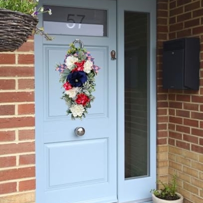 Silky Flower Store Patriotic Teardrop Wreath, Red White Blue Summer Floral Swag, USA Flag Bow, Artificial Front Door Decor, 28in 12 12 Product: 4th of July Patriotic Swag - Red White Blue Summer Floral Swag with USA Flag Printed Bow - Artificial Flower Teardrop Wreath - American Summer Home Decor for Frong Door Porch Wall