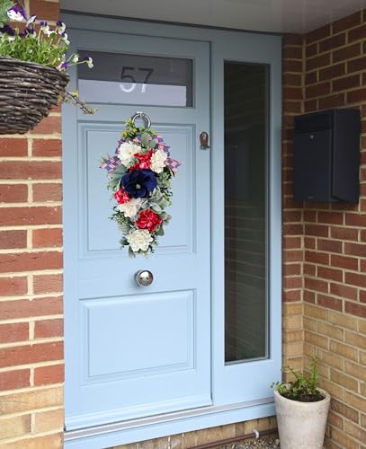 Silky Flower Store Patriotic Teardrop Wreath, Red White Blue Summer Floral Swag, USA Flag Bow, Artificial Front Door Decor, 28in 3 3 Product: 4th of July Patriotic Swag - Red White Blue Summer Floral Swag with USA Flag Printed Bow - Artificial Flower Teardrop Wreath - American Summer Home Decor for Frong Door Porch Wall